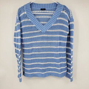 Talbots Blue and White V Neck Crochet Knit Long Sleeved Pullover Sweater Shirt M